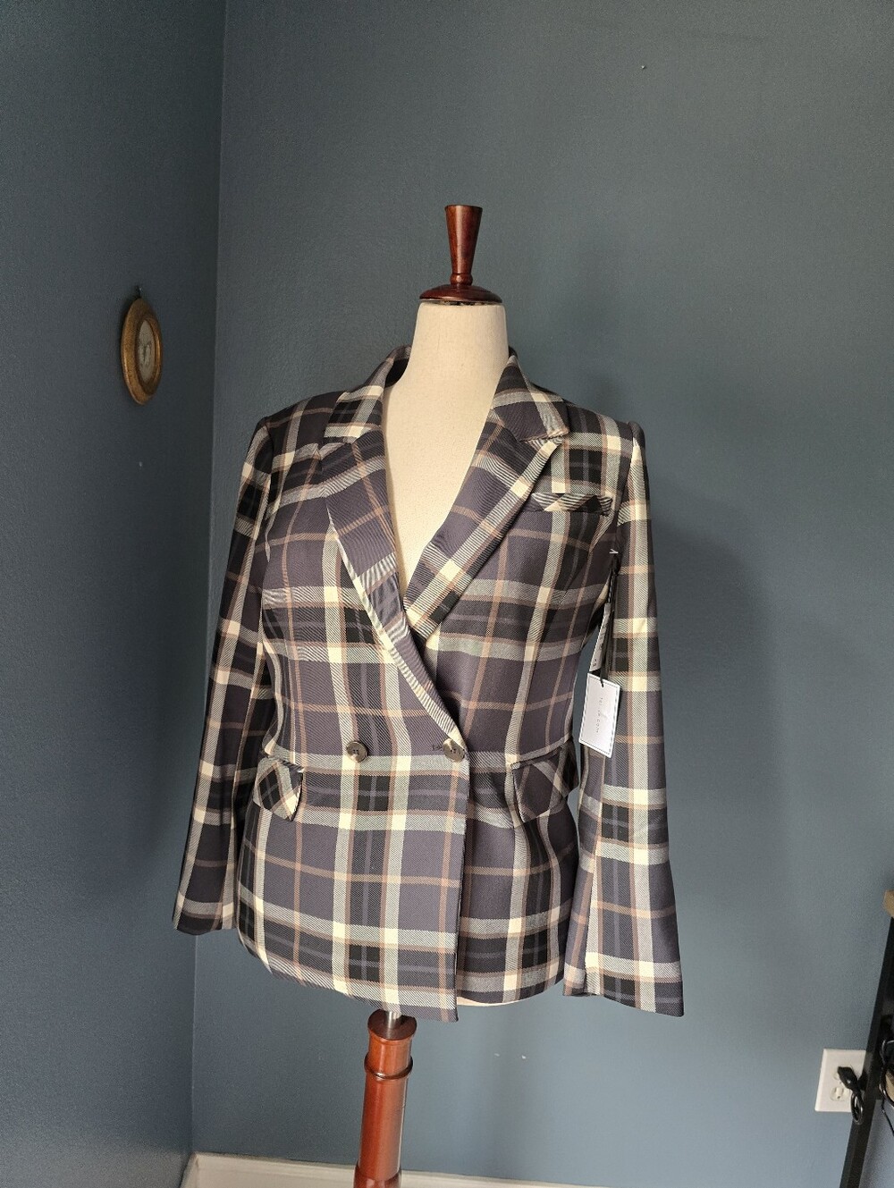 1. State Plaid Double-Breasted Blazer in Navy and Gray